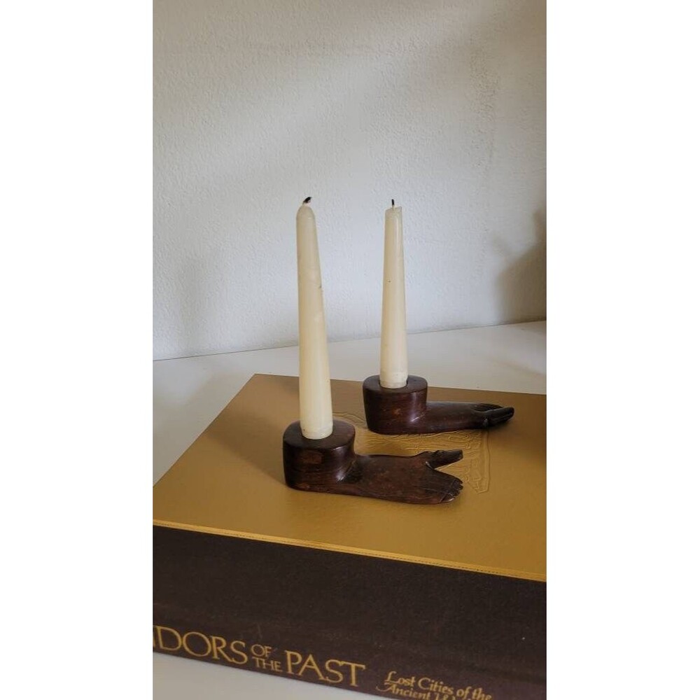 Vintage Carved Rosewood candle Holders small Feet
